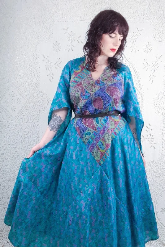 Goddess Dress - Tropical Teal Abstract Paisley - Vintage Pure Silk Mix - XS - M/L
