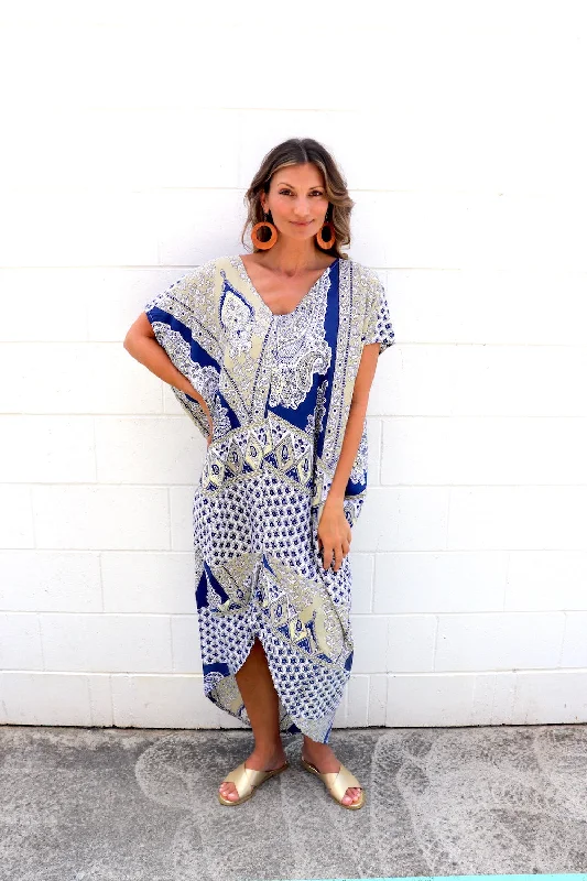 Island Holiday High Low Dress In Navy Taupe