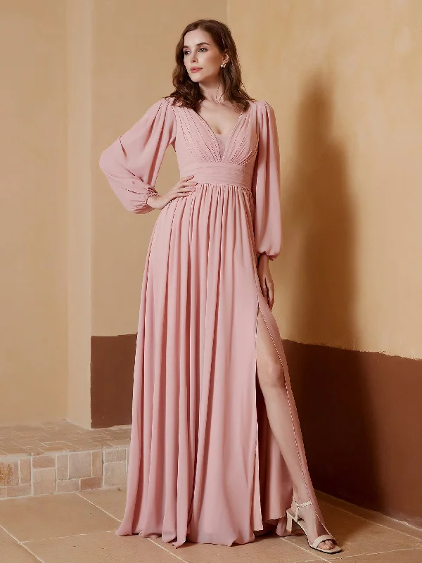 Plunging V-neck Floor-length Dress With Slit Dusty Rose