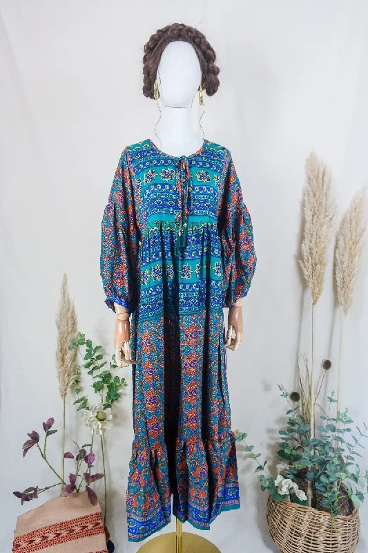 Poppy Smock Dress - Vintage Sari - Jade & Rusted Orange Mosaic - XS