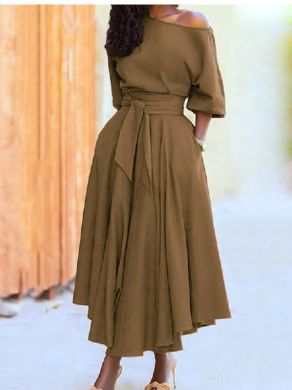 FashionSierra - Diagonal Collar Boho Lace Up Elegant Dress