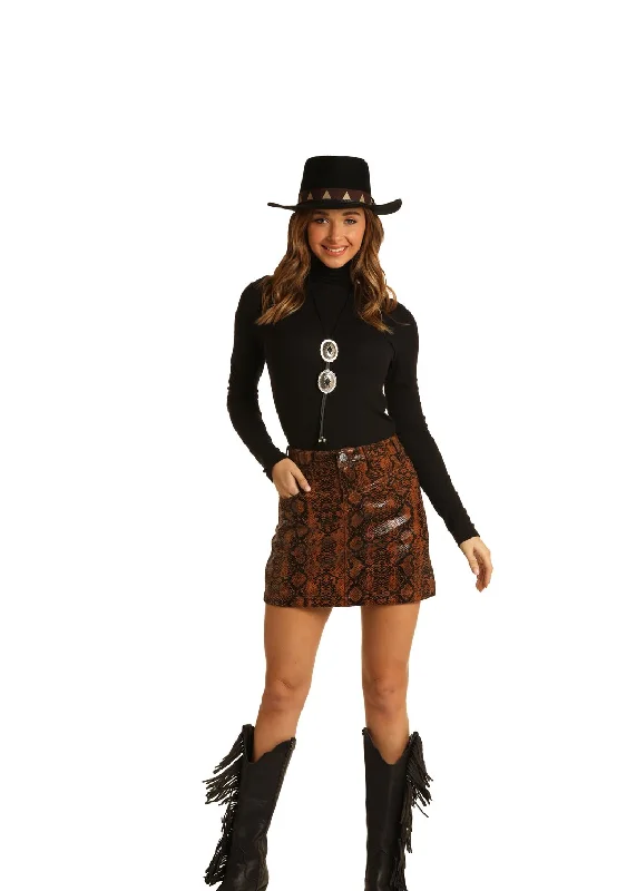 Rock and Roll Cowgirl Junior's Mid Rise Snake Print Skirt, Brown leather skirt durable