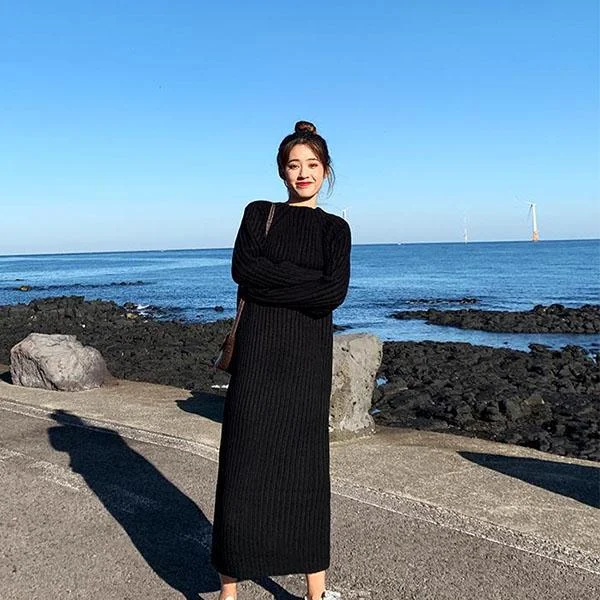 Autumn and Winter Long Sweater Skirt Pullover Women Loose Large Size Turtleneck Collar Mid-length Over The Knee Knitted Sweater leather skirt refined