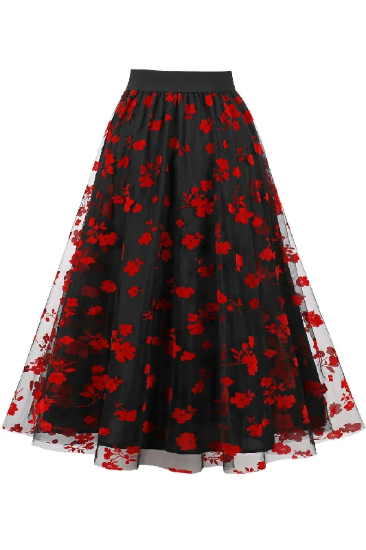 Black Floral A-line Skirt wool skirt warm