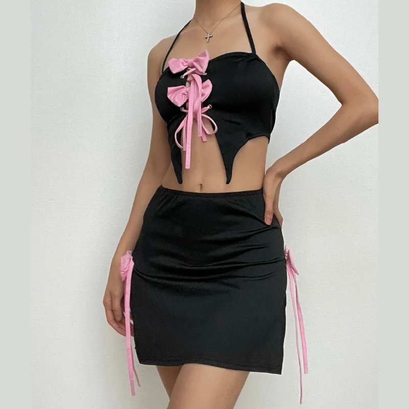 Bowknot halter contrast self tie backless mini skirt set ribbed skirt waist