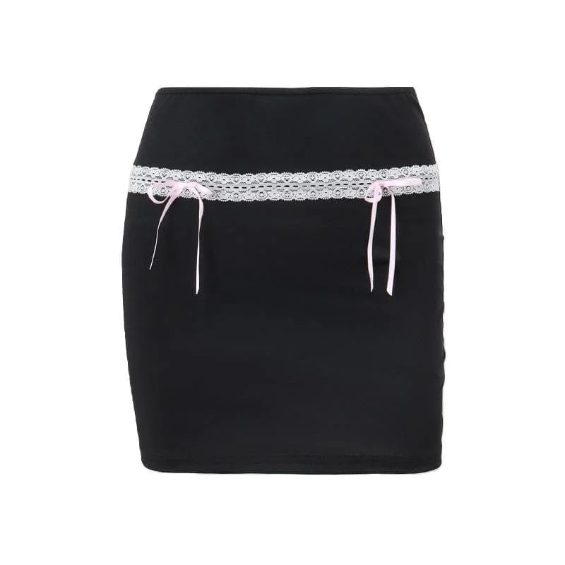 Bowknot lace hem ribbon A line contrast mini skirt breathable skirt fabric