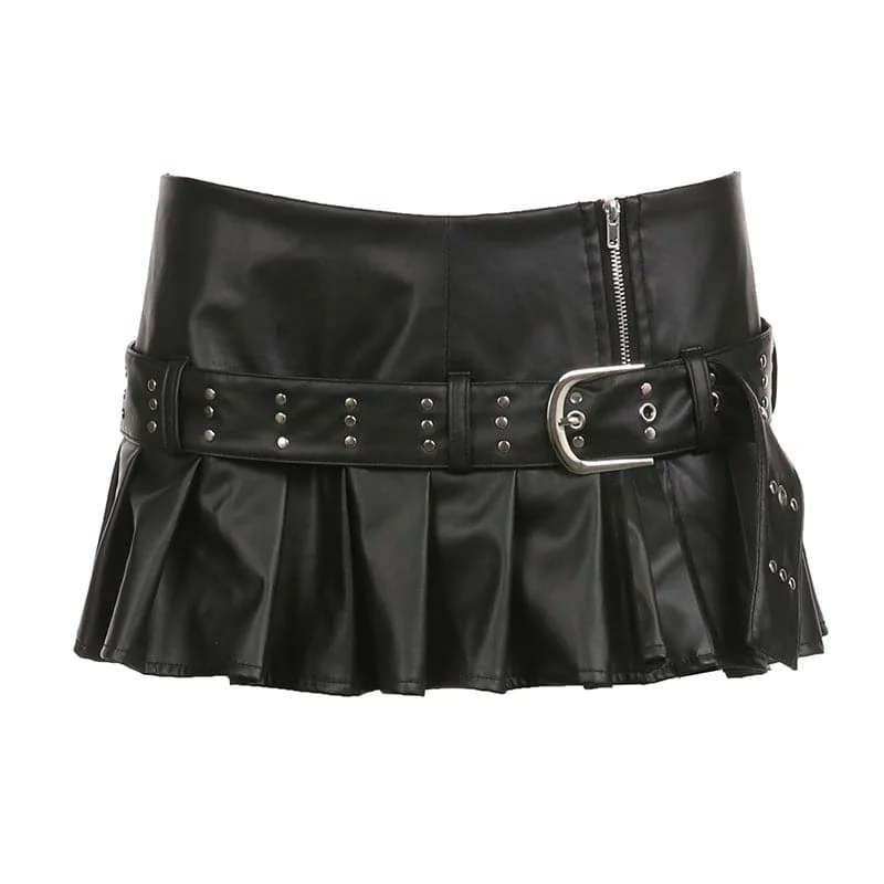 Buckle zip-up pleated low rise PU leather mini skirt velvet skirt plush