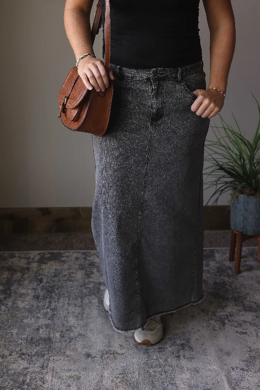 Dark Grey Denim Back Slit Maxi Skirt relaxed fit skirt