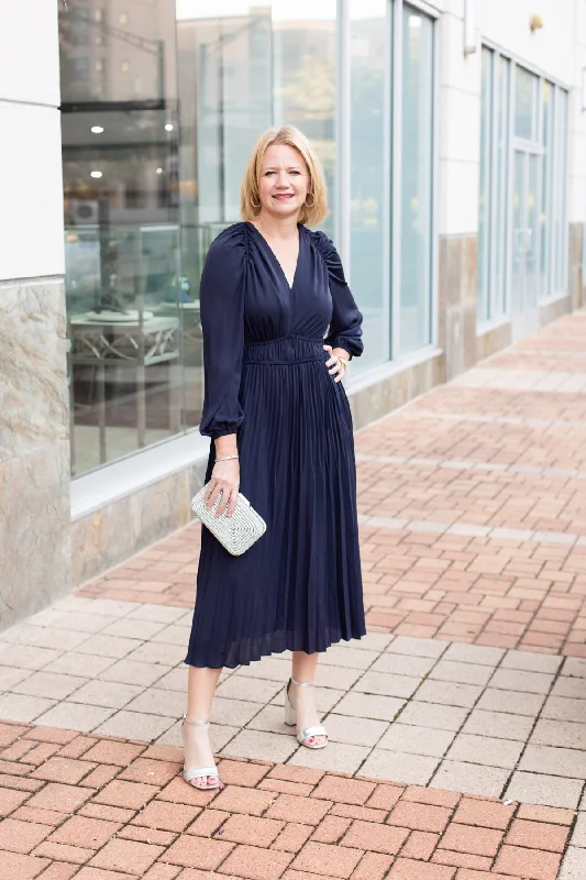 Dark Slate Long Sleeve Midi w/ Pleated Skirt linen skirt light