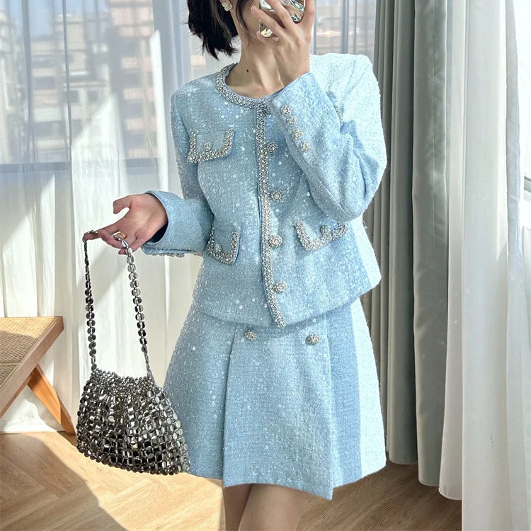 Diamond trimmed tweed jacket + skirt small fragrance suit denim skirt casual