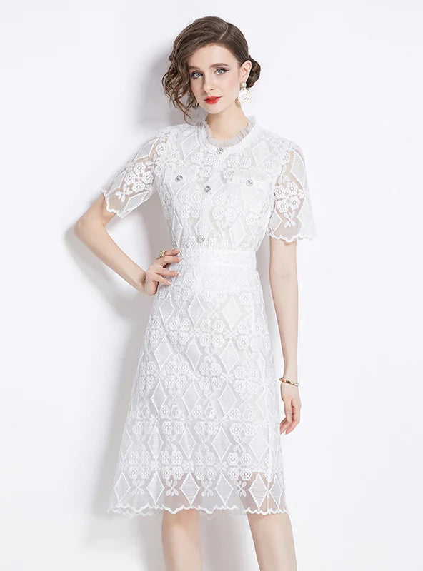 EMBROIDERED LACE BLOUSE+PENCIL SKIRT SUIT lace skirt intricate