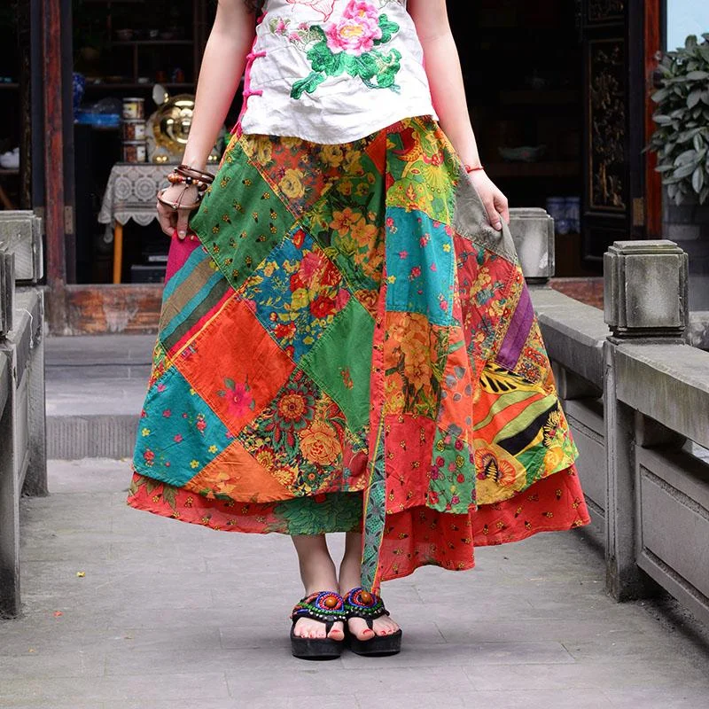 Floral Patchwork Hippie Skirt corduroy skirt durable