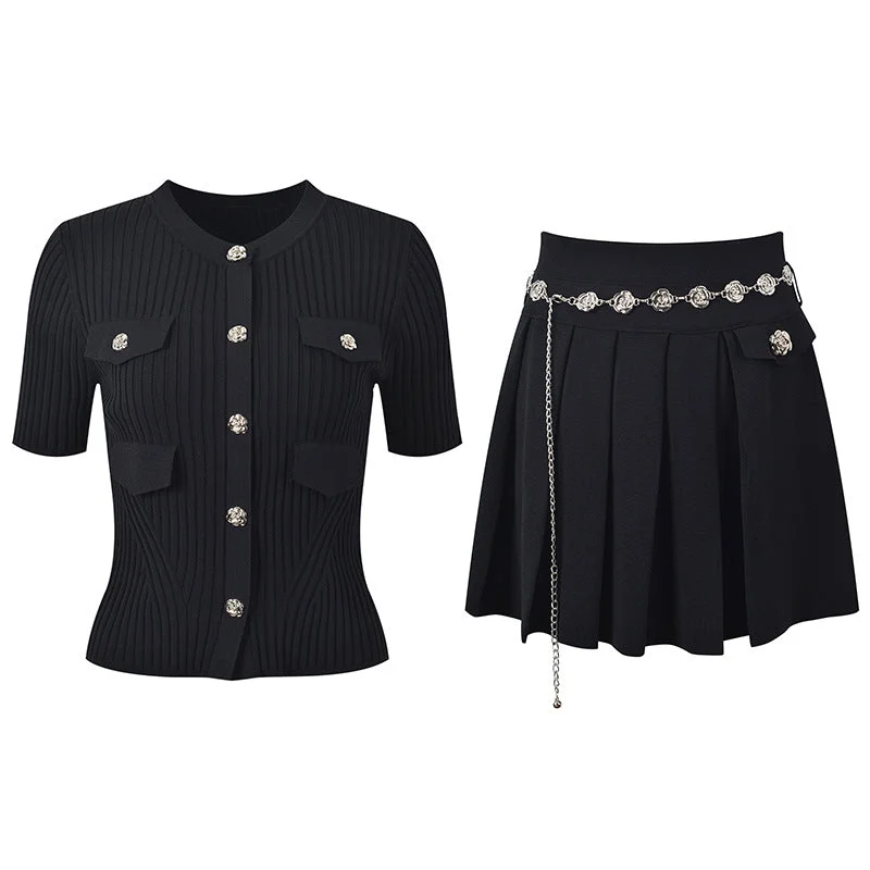 Flower buttons and high-waisted slim pleated skirt mini skirt trendy