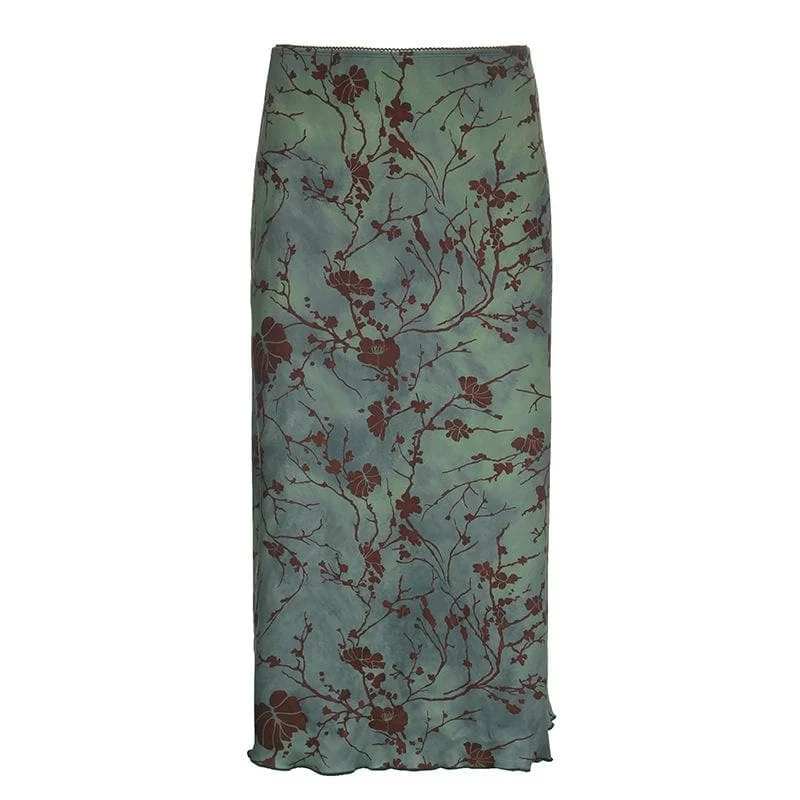 Flower pattern contrast ruffle tie dye midi skirt corduroy skirt comfortable