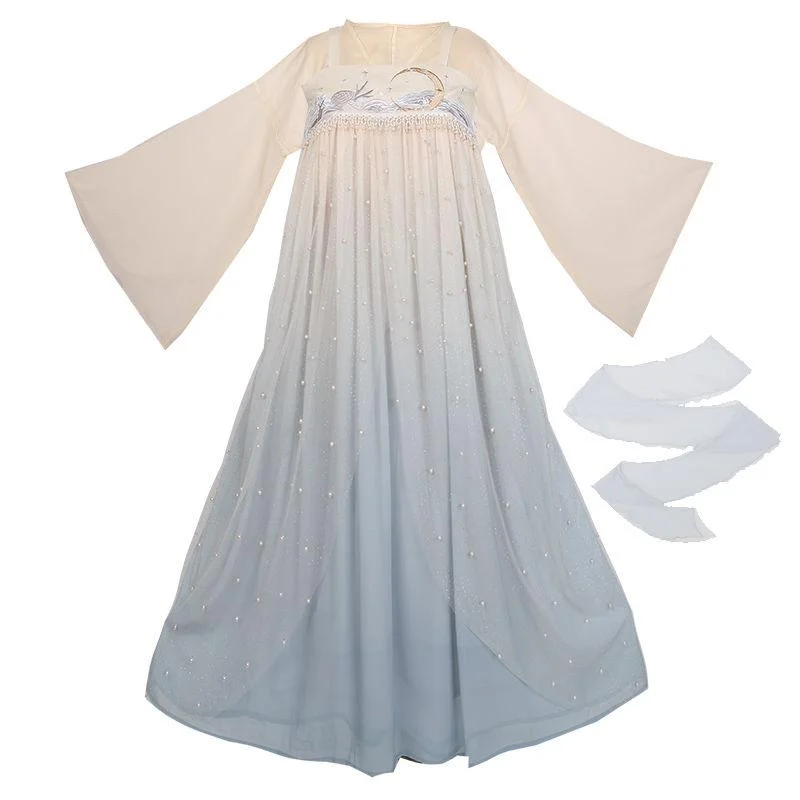 Hanfu Female Full Chest Skirt Super Fairy and Elegant Original Design Pearl Embroidery Three-piece Summer chiffon skirt airy