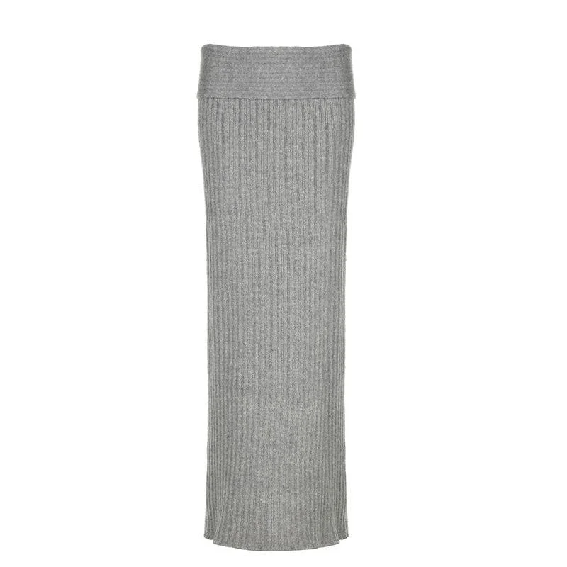 Knitted solid low rise maxi skirt wool skirt thick