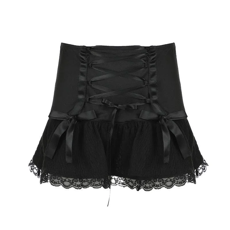 Lace up ruched lace hem solid bowknot low rise mini skirt leather skirt sleek