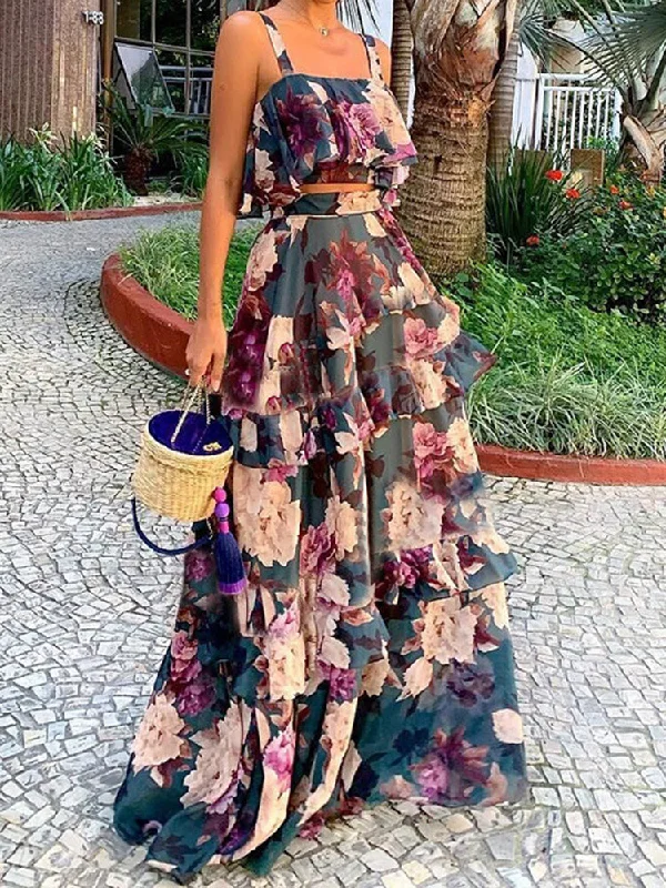 Layered Floral Camisole Top Maxi Skirt Set leather skirt sleek