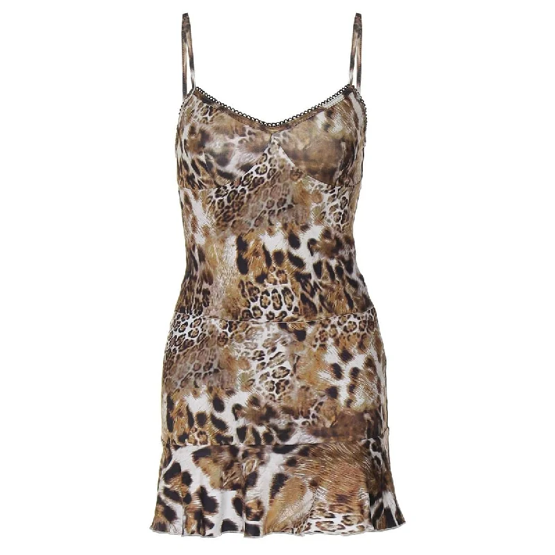 Leopard print v neck lace hem ruffle cami skirt set silk skirt luxurious