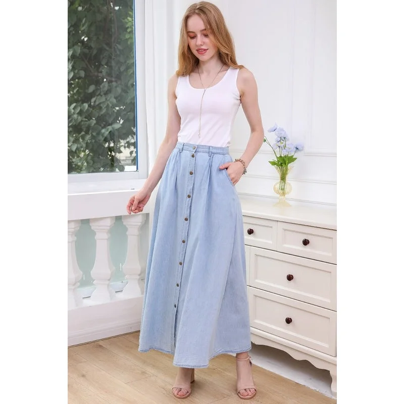 Light Denim Button Up Maxi Skirt corduroy skirt cozy