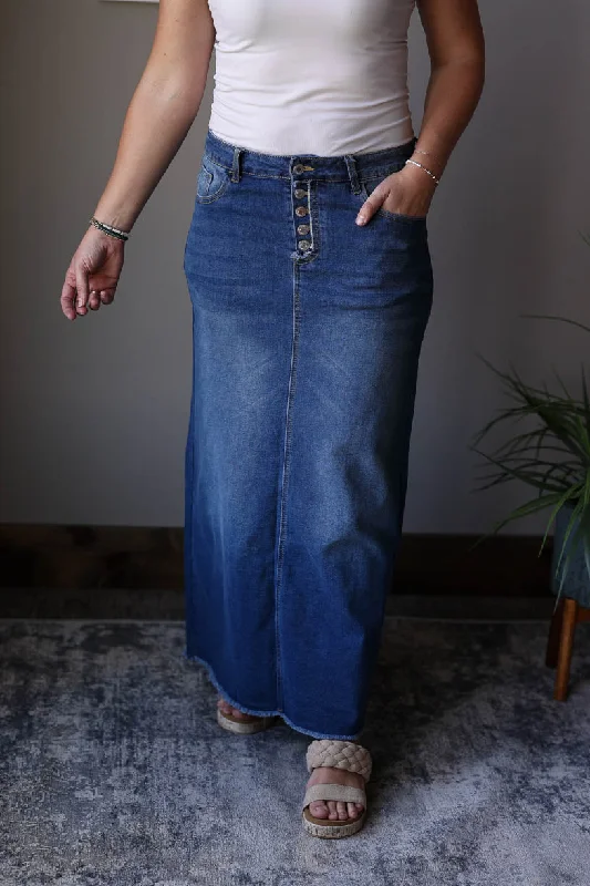 Maxine Button Fly Long Denim Skirt, S-3XL PLUS leather skirt sleek