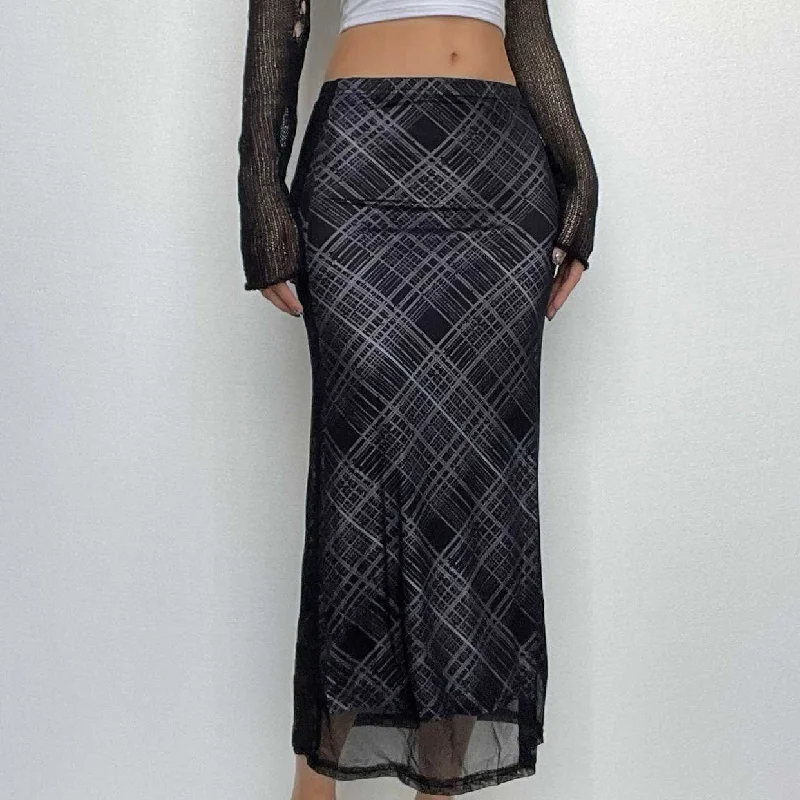 Mesh plaid contrast high rise midi skirt corduroy skirt comfortable