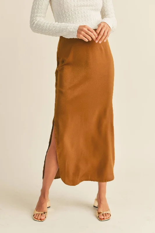 ADALYN SATIN SIDE SLIT SKIRT: BROWN / L mini skirt trendy