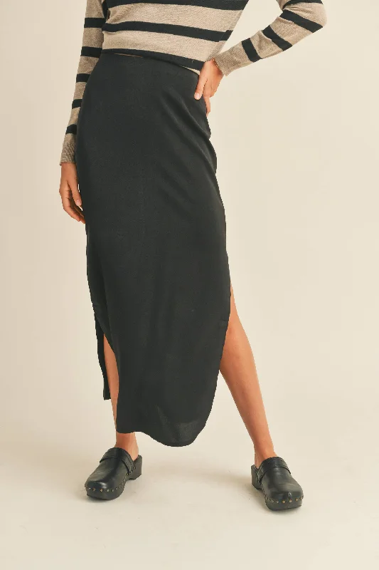 ADALYN BLACK SATIN SIDE SLIT SKIRT denim skirt stylish