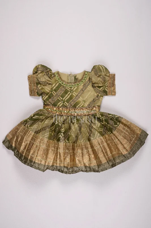 Girls Fancy Frock in Green Tissue Silk with Floral Embellishments and Short Pleated Skirt cashmere skirt fine