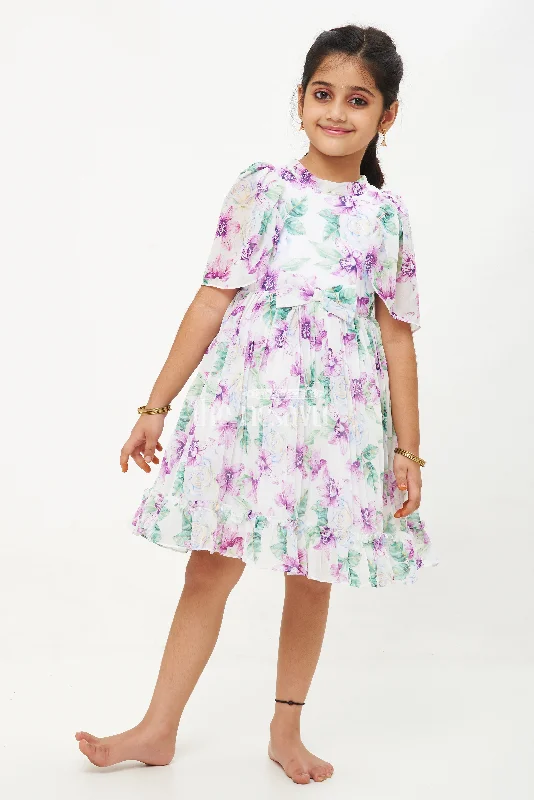 Purple Floral Georgette Printed Frock with Pleated Skirt and Puff Sleeves for Girls chiffon skirt floaty