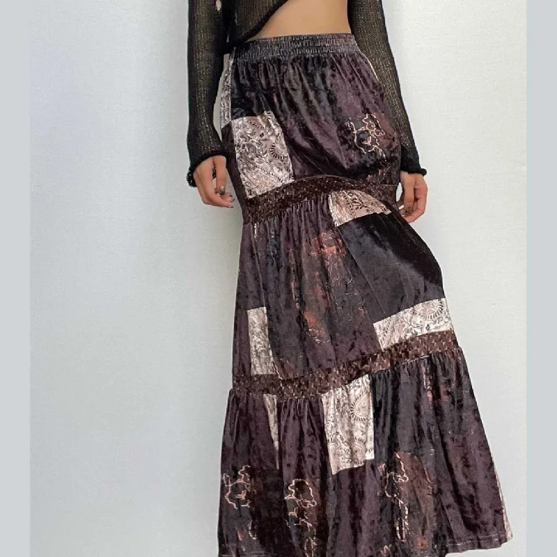 Patchwork contrast ruched medium rise maxi skirt cashmere skirt fine