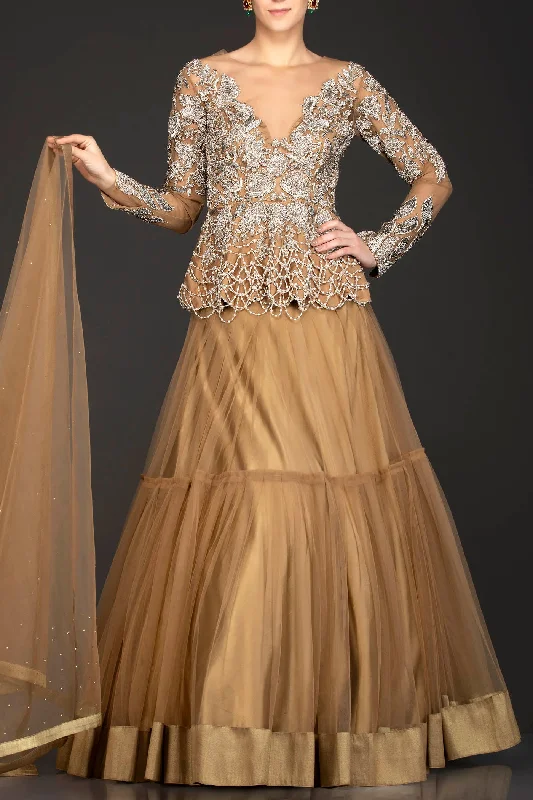 Dark Gold Colour Net Peplum And Skirt With Dabka Work And Tassels button skirt front Dark Gold Colour Net Peplum And Skirt With Dabka Work And Tassels button skirt front