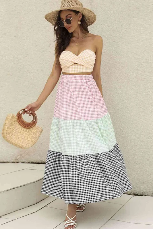 Plaid Strapless Top and Tiered Skirt Set wool skirt thick