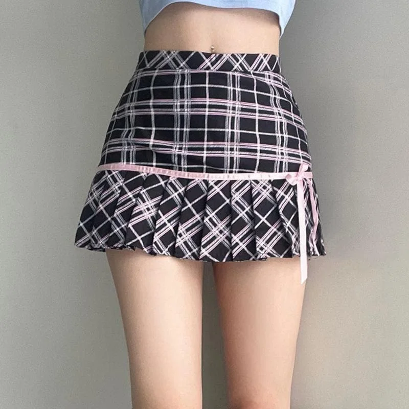 Pleated contrast bowknot plaid high rise mini skirt corduroy skirt comfortable