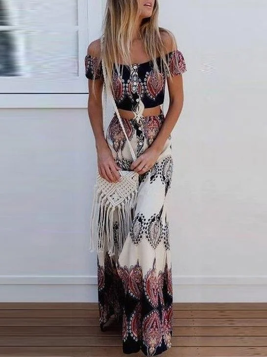 Print Off Shoulder Tube Top High Waist Skirt 2 Pieces Set low waist skirt