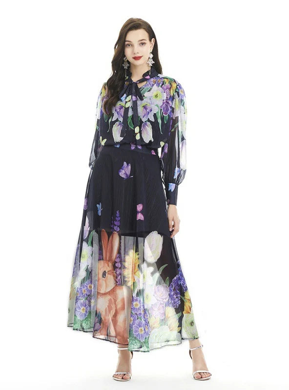 Printed Long Skirt Lotus Leaf Collar Suit silk skirt lustrous