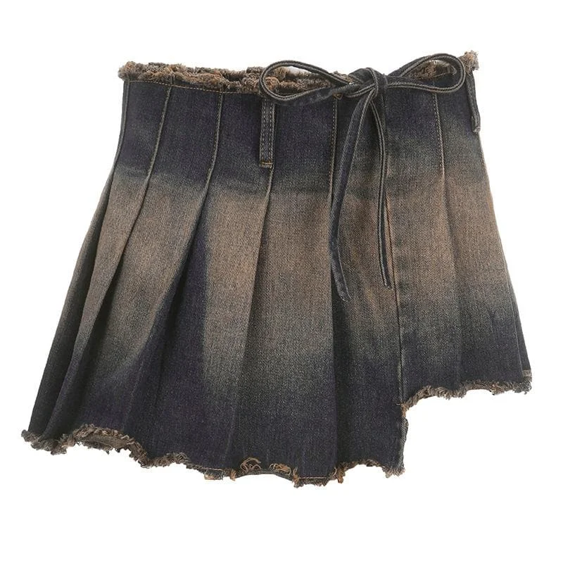 Raw hem pleated contrast self tie denim mini skirt cashmere skirt rich