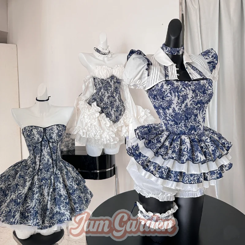 POSHEPOSE Retro Blooming Print Coat Suspenders Mesh Tutu Skirt Three-Piece Set button skirt front