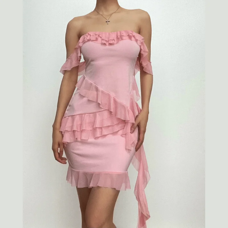 Ruffle solid off shoulder irregular backless mini skirt set silk skirt elegant