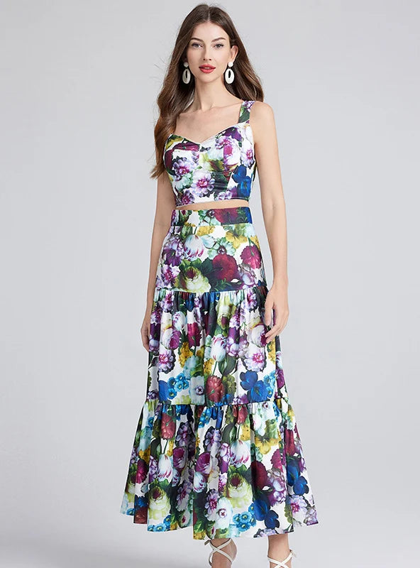 Sexy Printed Tube Top+Skirt Two-piece Set chiffon skirt airy