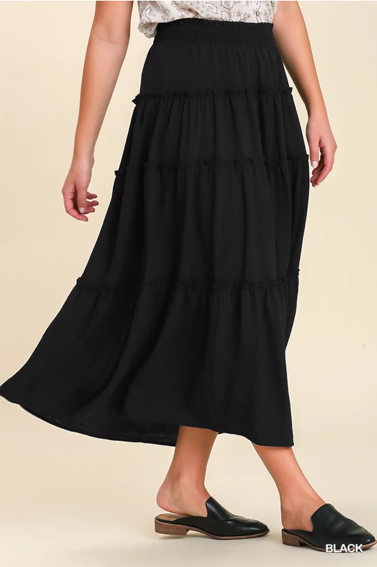 Black Tiered Maxi Skirt with Ruffle Hem wool skirt warm