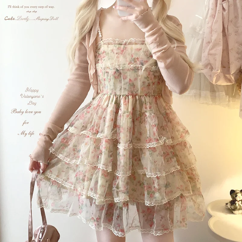 sleepingdoll Mesh Layered Print Cake Pearl Suspender Skirt cotton skirt soft