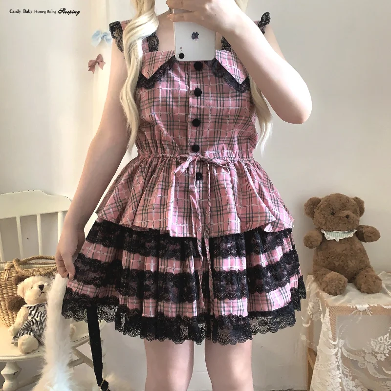 sleepingdoll Plaid Dark Abyssin Lace Suspender Skirt Set cashmere skirt fine