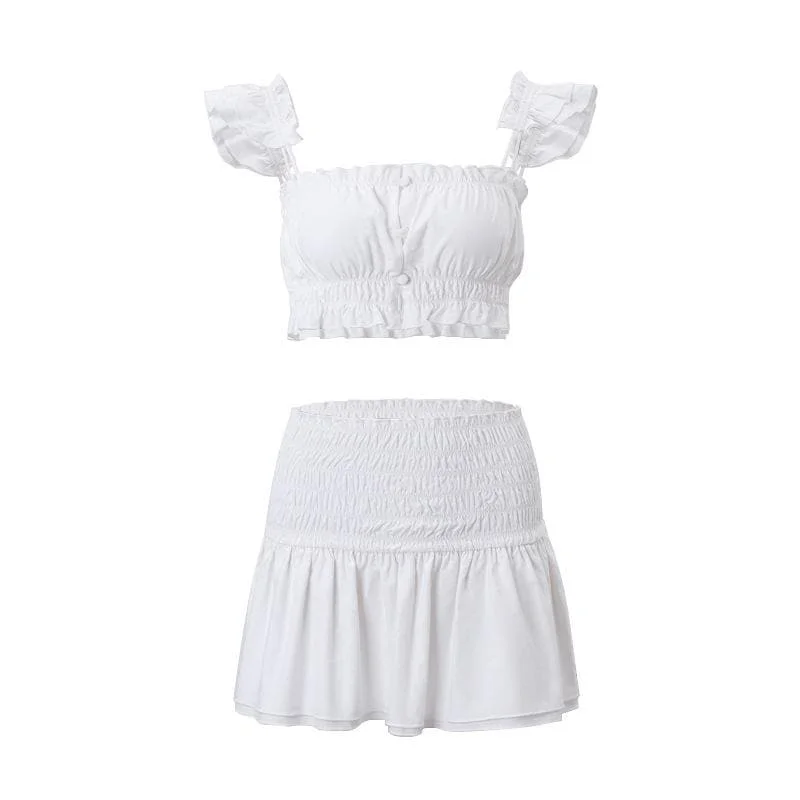 Smocked solid cap sleeve ruffle button mini skirt set linen skirt breathable