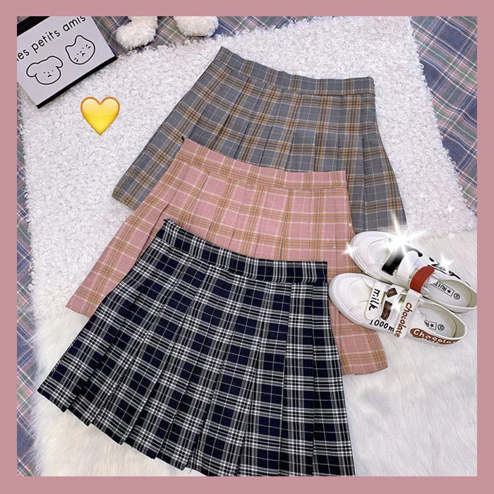 Sweet check pleated skirt PL50218 tiered skirt playful