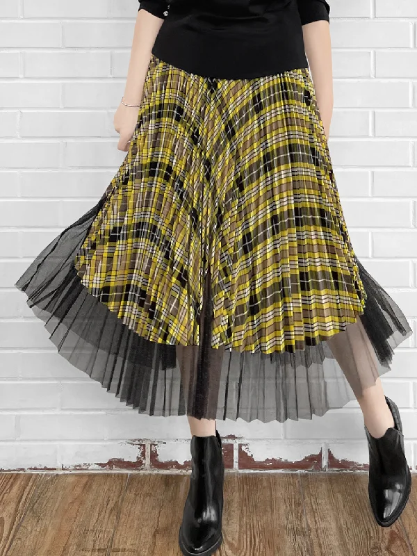 Tartan Asymmetrical Shimmer Mesh Pleated Midi-Skirt cotton skirt soft