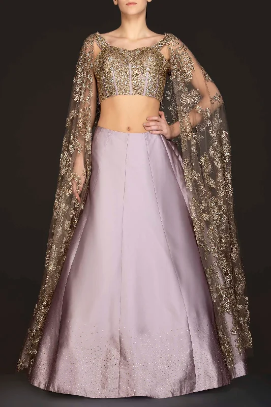 Mauve Colour Silk Skirt With Heavily Embriodered Net Top And Attached Net Cape button skirt front