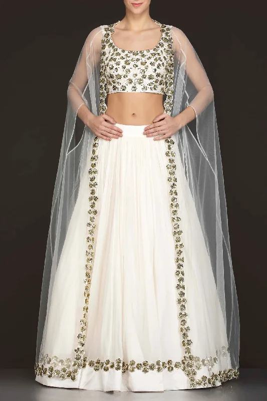 White Georgette Skirt With Net Cape And Silk Top denim skirt trendy