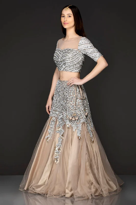 Beige Gold Net Skirt Top With Heavy Embellishment of Thread/Badla/Stone work linen skirt relaxed