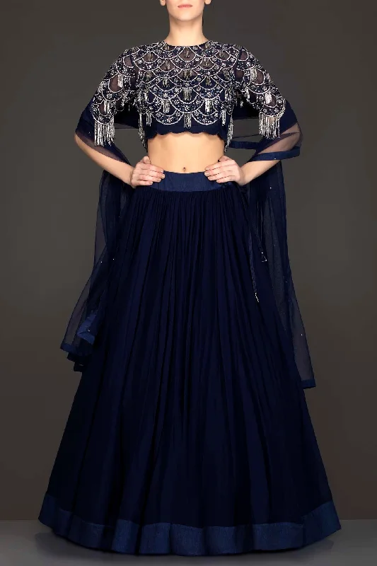 Navy Blue Georgette Skirt And Net Grey Tassel Top With Net Dupatta ribbed skirt waist